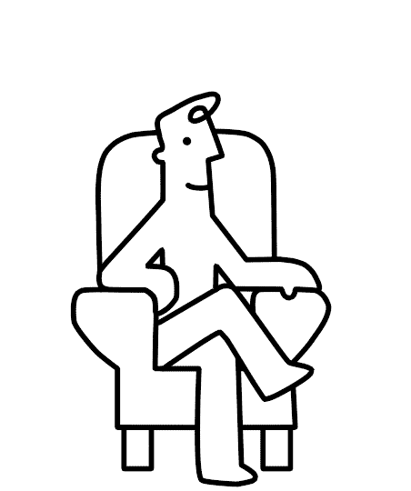 A man sitting in a chair with a speech bubble over his head