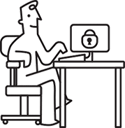Line drawing: Man sitting at a computer