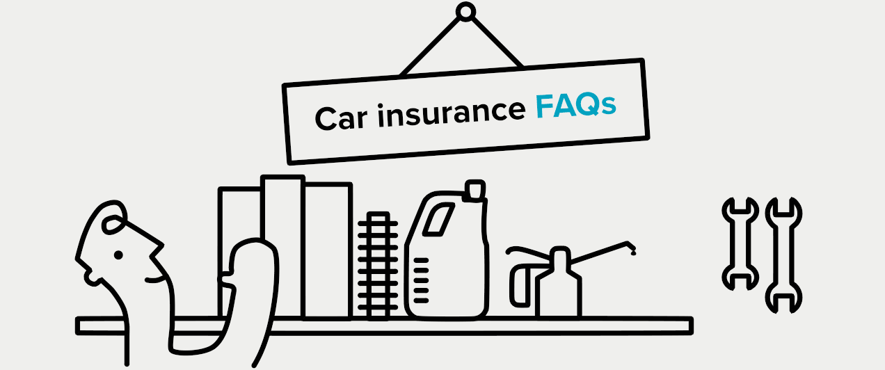 Man looking through tool shelf underneath a sign saying Car insurance FAQs