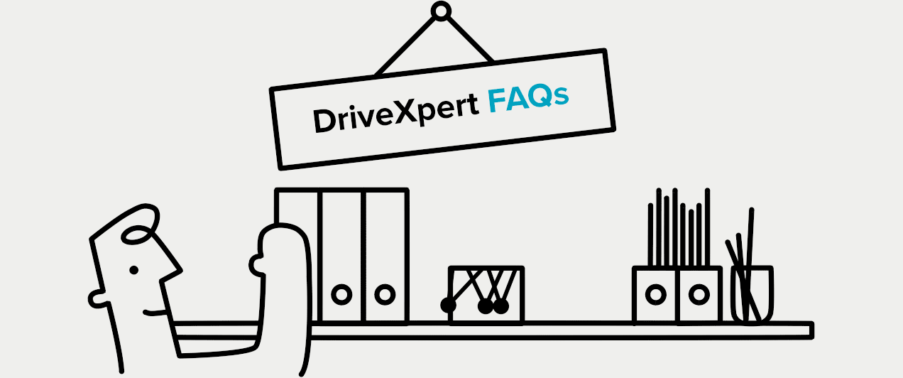 Man looking through files on shelf, underneath a sign saying DriveXpert FAQs